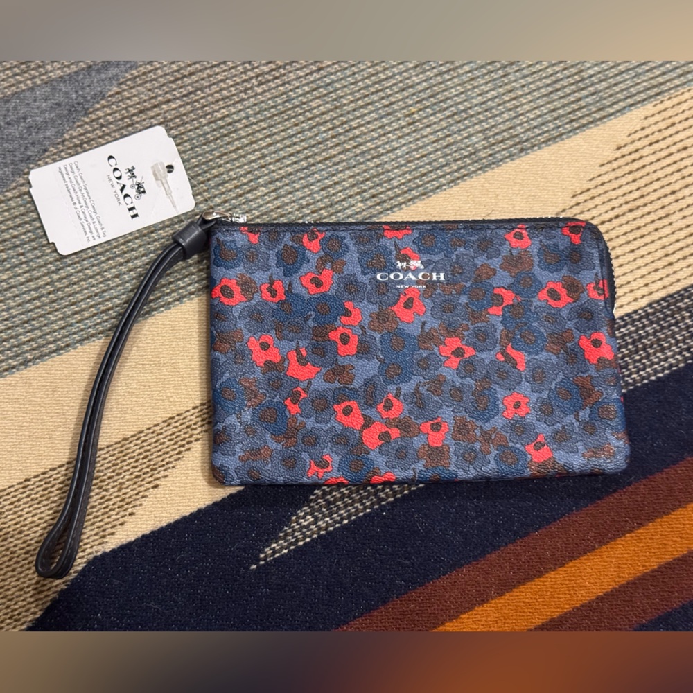 Coach Blue and Red Floral Wristlet. NWT.